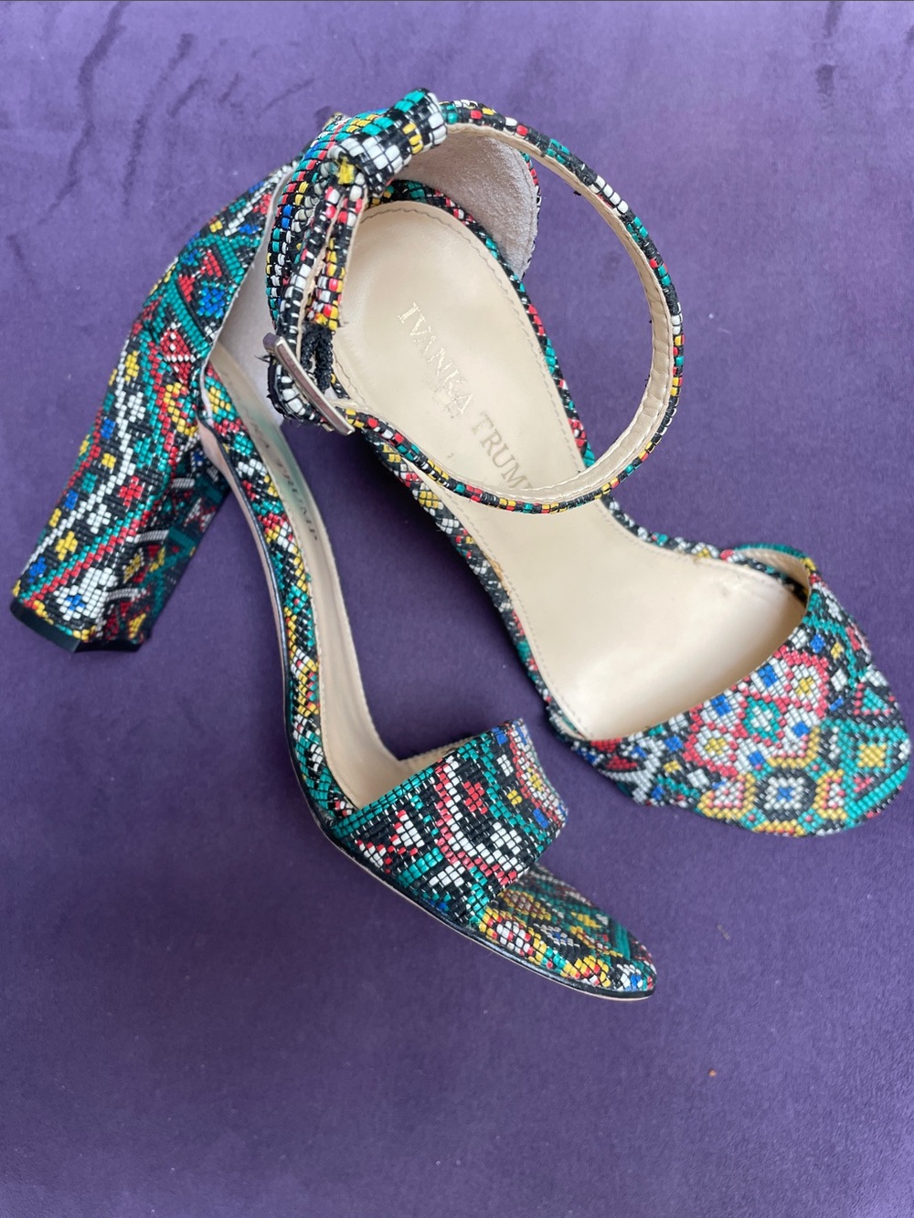 Ivanka Trump Multicolor Beaded Block Heel Sandals